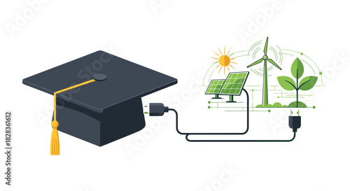 Graduation Cap Connected to Renewable Energy Sources Symbolizing Education in Sustainability, Generative AI.
