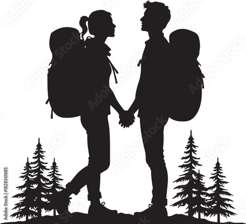 Couple holding hands with backpacks in pine forest silhouette