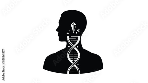 Silhouette of a person revealing a DNA helix and crystal structure within their head, symbolizing genetics and discovery.