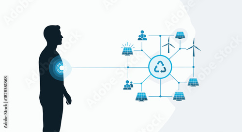 Human connection to renewable energy network and sustainability concept, Generative AI.