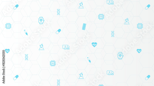 Seamless medical technology pattern background. Minimalist light blue digital health icons on white hexagonal grid.