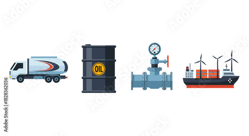 Industrial transportation and energy production icons, Generative AI.