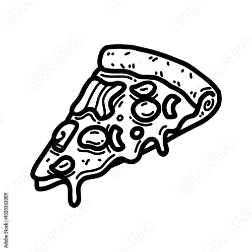 Hand drawn vector pizza outline with cheese, tomato, sauce, and pepperoni. Black and white sketch for restaurant branding, menu design, packaging, and vintage or retro food illustrations.