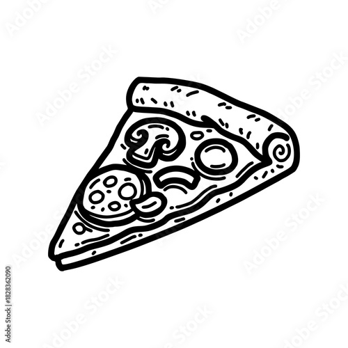 Hand drawn vector pizza outline with cheese, tomato, sauce, and pepperoni. Black and white sketch for restaurant branding, menu design, packaging, and vintage or retro food illustrations.