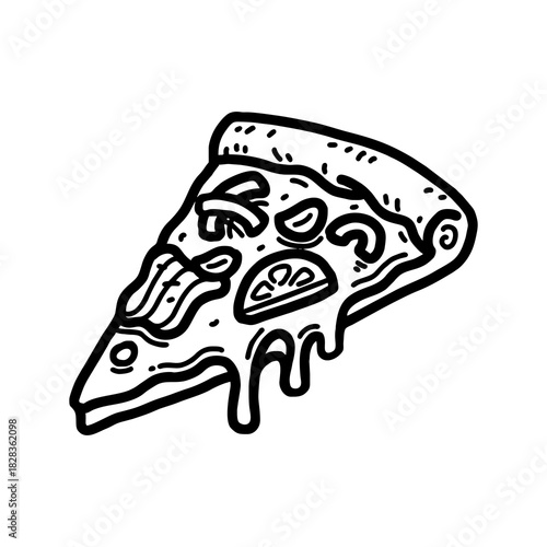 Hand drawn vector pizza outline with cheese, tomato, sauce, and pepperoni. Black and white sketch for restaurant branding, menu design, packaging, and vintage or retro food illustrations.