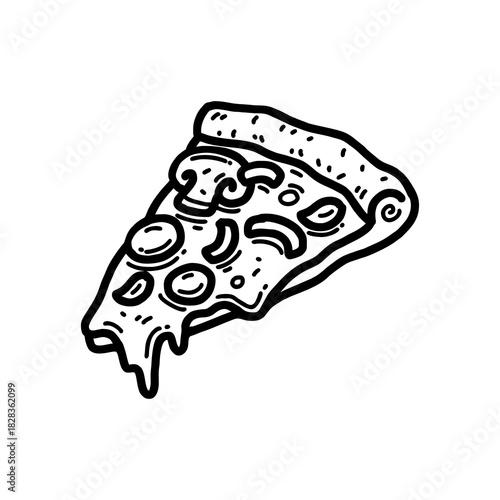 Hand drawn vector pizza outline with cheese, tomato, sauce, and pepperoni. Black and white sketch for restaurant branding, menu design, packaging, and vintage or retro food illustrations.