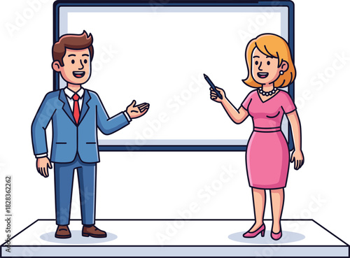 Cartoon business people, professional discussion, teamwork concept, corporate platform, smiling characters, office attire, tablet use, leadership, communication, workplace diversity
