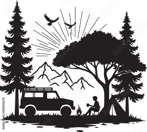 Silhouette camping scene with car tent campfire and mountains