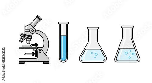 Microscope and laboratory glassware for scientific research and experiments, Generative AI.