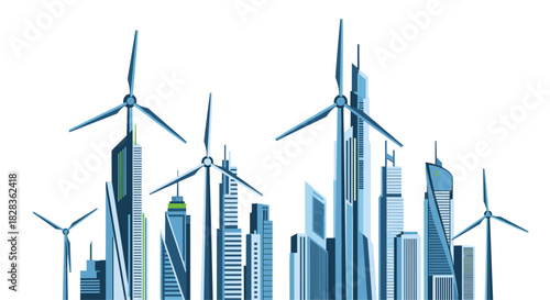 Modern city skyline with wind turbines generating clean energy, Generative AI.