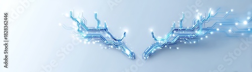A digital graphic featuring abstract circuitry design, resembling branches with glowing lights, set against a soft blue background, Christmas hologram with AI