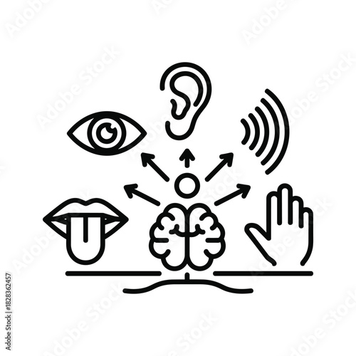 Sensory perception concept art emphasizing sight, hearing, touch, taste, and smell connected to the brain for educational content and science presentations