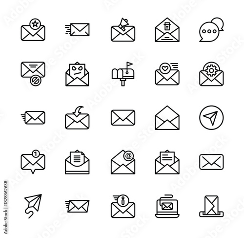 Email, Message, and Communication Line Icon Set. Collection of Envelope, Newsletter, and Contact Outline Symbols.