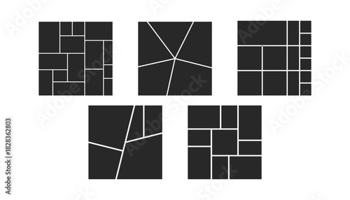 A set of five graphic icons representing different photo frame and picture grid configurations.