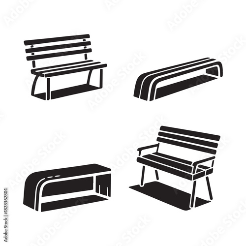  Black and White Vector Icons of Outdoor Benches and Patio Seating Furniture.