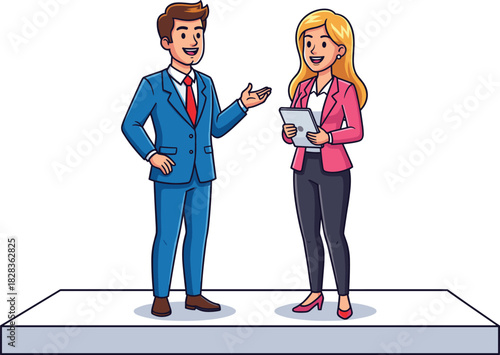 Cartoon business people, professional discussion, teamwork concept, corporate platform, smiling characters, office attire, tablet use, leadership, communication, workplace diversity