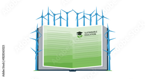 Open Book With Wind Turbines and Graduation Cap Symbolizing Online Education, Generative AI.