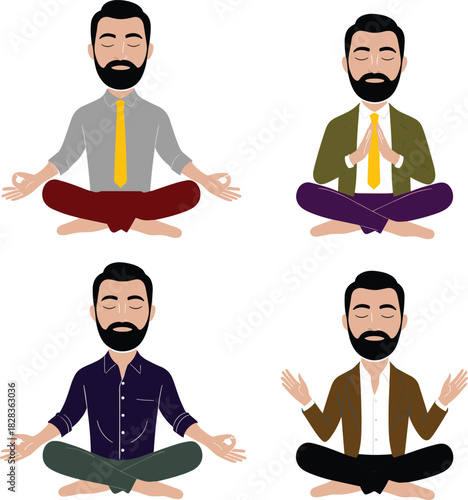 “Businessmen meditation illustration set showing office yoga poses, calm mindfulness practice, corporate relaxation concept, peaceful workplace stress relief vector artwork”