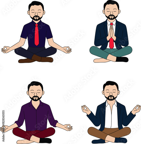 “Businessmen meditation illustration set showing office attire yoga poses, calm mindfulness practice, corporate relaxation concept, peaceful workplace stress relief vector design”