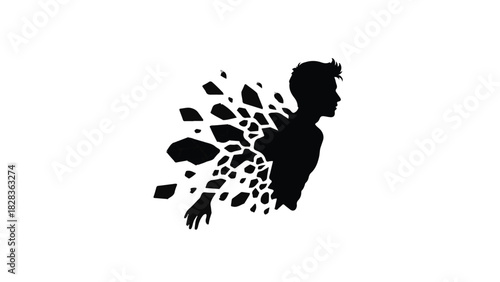 Silhouette of a person dissolving into fragmented pieces, symbolizing transformation and change