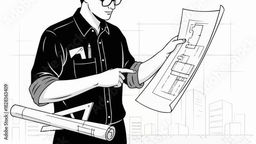 sketch of a man drawing a house