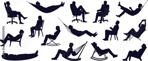 “Relaxing people silhouette collection featuring hammock poses, lounge chair positions, office chair resting figures, leisure lifestyle sitting and lying vector design”