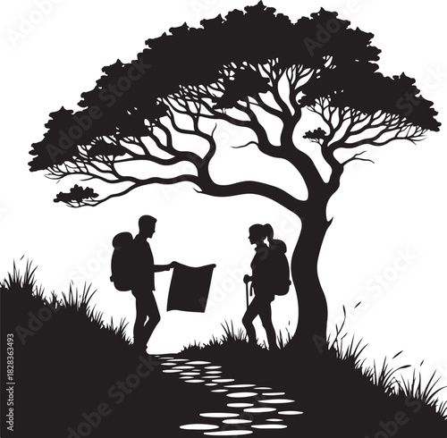 Silhouette hikers with map under a large tree hiking