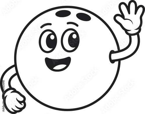 Happy bowling ball character waving, a playful and simple line art illustration for coloring book for kids