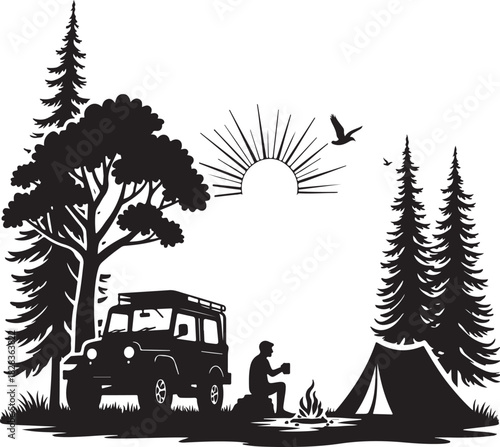 Silhouette of camping scene with off road vehicle and campfire