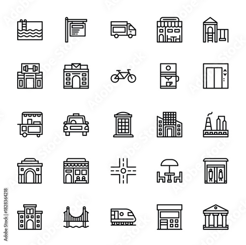 City, Architecture, and Urban Infrastructure Line Icon Set. Collection of Public Places, Transport, and Building Outline Symbols.