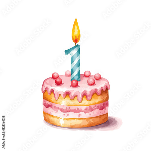 Watercolor cake with number one candle for birthday card, clip art isolated on white.