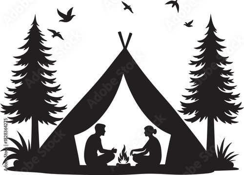 Silhouette of couple by campfire under tent with trees and birds