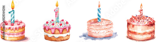 Watercolor cake with number one candle for birthday card set, clip art isolated on white.