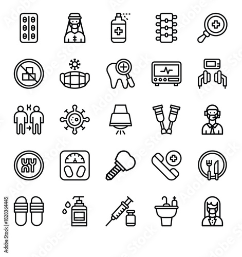 Healthcare, Dental, and Pandemic Protection Line Icon Set. Collection of Covid-19, Hygiene, and Treatment Outline Symbols.
