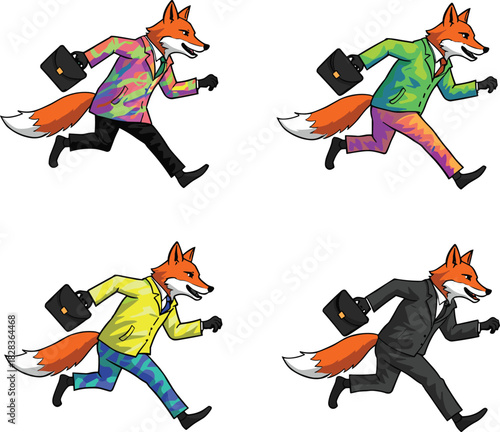 Cartoon fox businessmen running with briefcases, anthropomorphic animals in colorful suits, funny corporate illustration, playful vector design, whimsical fantasy artwork, creative stock image