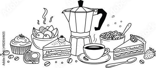 Black and white illustration of coffee and pastries