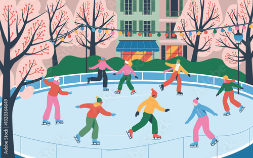 People ice skating on an outdoor rink in a city park