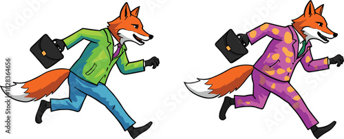 Cartoon fox businessmen running with briefcases, anthropomorphic animals in colorful suits, funny corporate illustration, playful vector design, whimsical fantasy artwork, creative stock image
