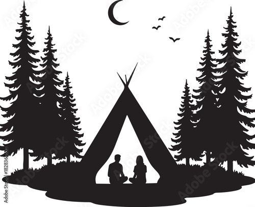 Silhouette of couple sitting in teepee under crescent moon
