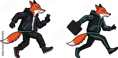 Cartoon fox characters running in modern clothes, anthropomorphic animals with smartphone and briefcase, sporty fashion illustration, playful vector design, creative stock artwork