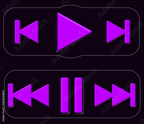 Bold neon purple playback icons on a dark background, featuring play, pause, rewind, and fast-forward symbols. Ideal for media players, apps, tutorials, banners, or interfaces conveying video and audi