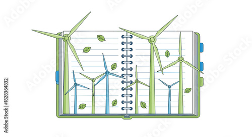 Wind Turbines Sketchbook Illustration Renewable Energy Concept, Generative AI.