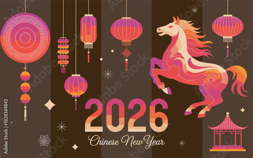 2026 Chinese New Year horse lanterns and gazebo illustration