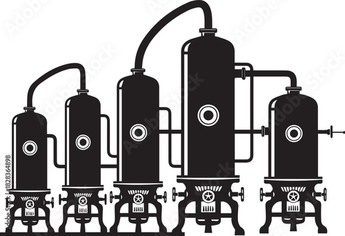 Industrial Distillation Apparatus Black and White Vector Illustration Graphic Element