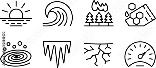 Set of eight black and white icons representing natural phenomena