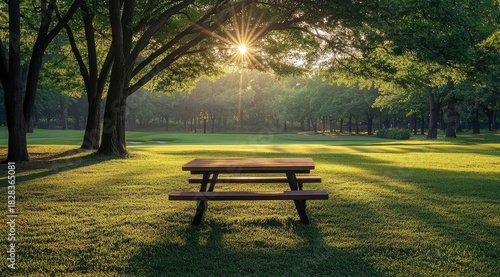 Fototapeta Naklejka Na Ścianę i Meble -  Picnic table in park at sunrise