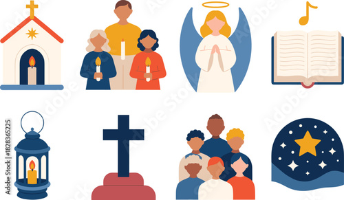 Religious symbols and figures in flat design style