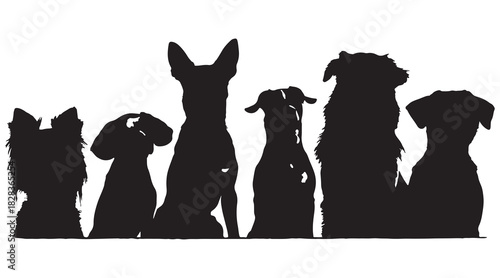Six diverse dog silhouettes sitting together, a loyal pet companion group Vector