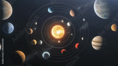 A vector illustration of the solar system featuring the earth and moon orbiting a glowing sun amidst a galaxy of stars and cosmic energy with black space for text design