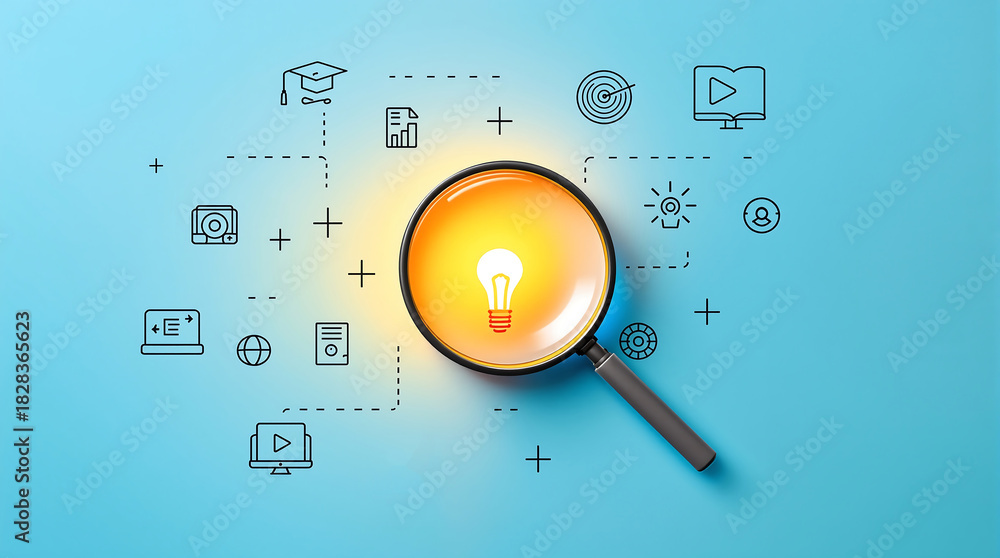Fototapeta premium A magnifying glass focusing on a lightbulb surrounded by education and business related icons on blue